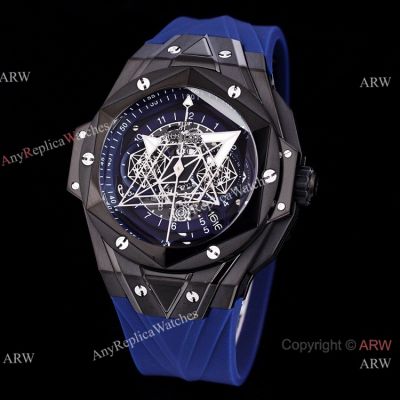 Japan Grade Hublot Sang Bleu II Chrono Watch Black Steel Blue Rubber Strap